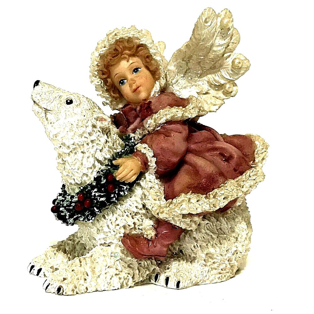 Polar Bear Angel Christmas Figurine Spaghetti Resin Snow Cherub Child Wreath